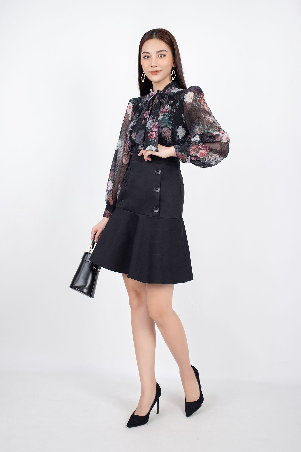 FJN9649 - Chân váy midi vải kaki dáng ôm chân Xoè đuôi cá đính khuy trang trí - PANTIO