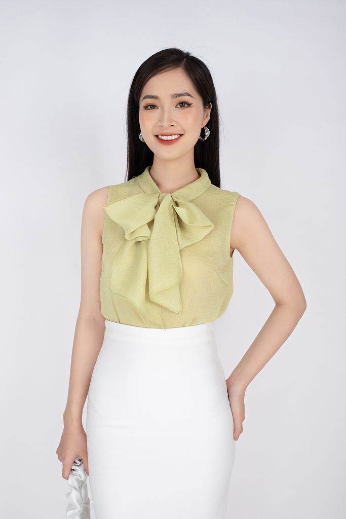 FAS13187 - Áo sơ mi công sở vải chiffon cổ tròn gập buộc nơ trang trí - PANTIO