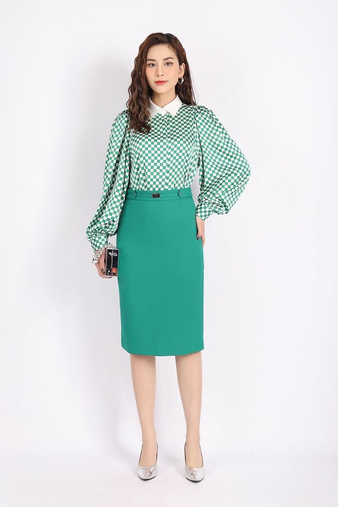 FJD51055 - Chân váy công sở vải tuytsi dáng bút chì cạp phối mặt kim loại trang trí khóa thân sau - PANTIO