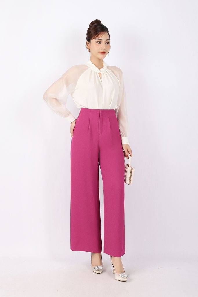 FAS13453 - Áo kiểu công sở vải lụa tay dáng suông phối voan cổ xoắn tạo kiểu - PANTIO