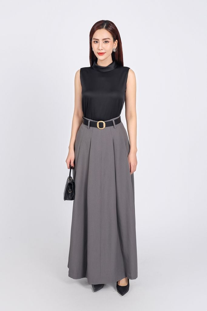 FAS13854 - Áo sơ mi công sở vải lụa satin dáng suông cổ tròn không tay - PANTIO