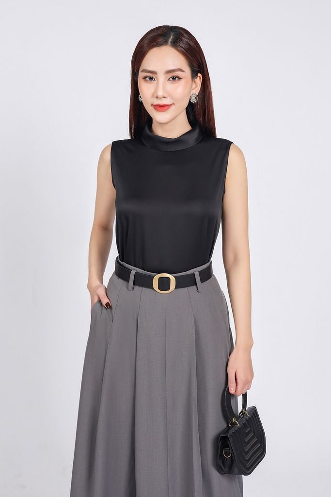 FAS13854 - Áo sơ mi công sở vải lụa satin dáng suông cổ tròn không tay - PANTIO