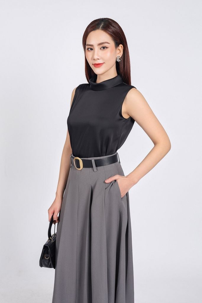FJD51209 - Chân váy công sở vải thô dáng suông dài thân váy xếp ly bong tạo kiểu - PANTIO