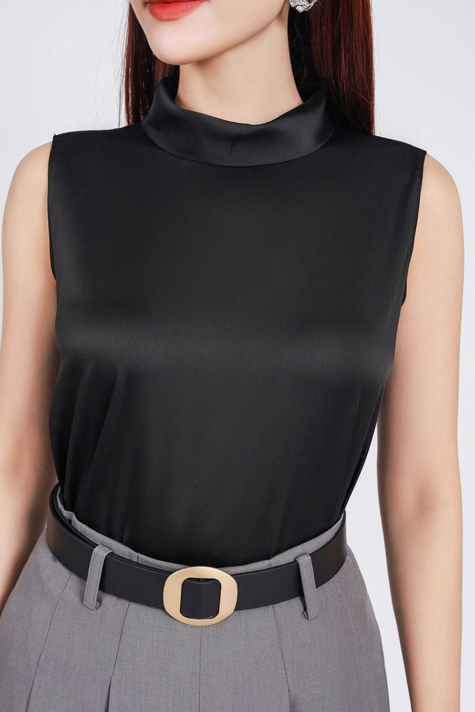 FAS13854 - Áo sơ mi công sở vải lụa satin dáng suông cổ tròn không tay - PANTIO