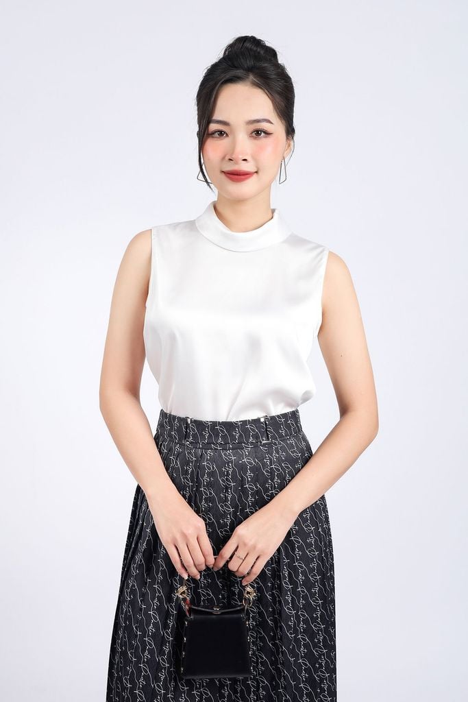 FJD51129 - Chân váy công sở vải thô lụa dáng suông cạp phối kim loại trang trí thân váy xếp ly tạo kiểu - PANTIO