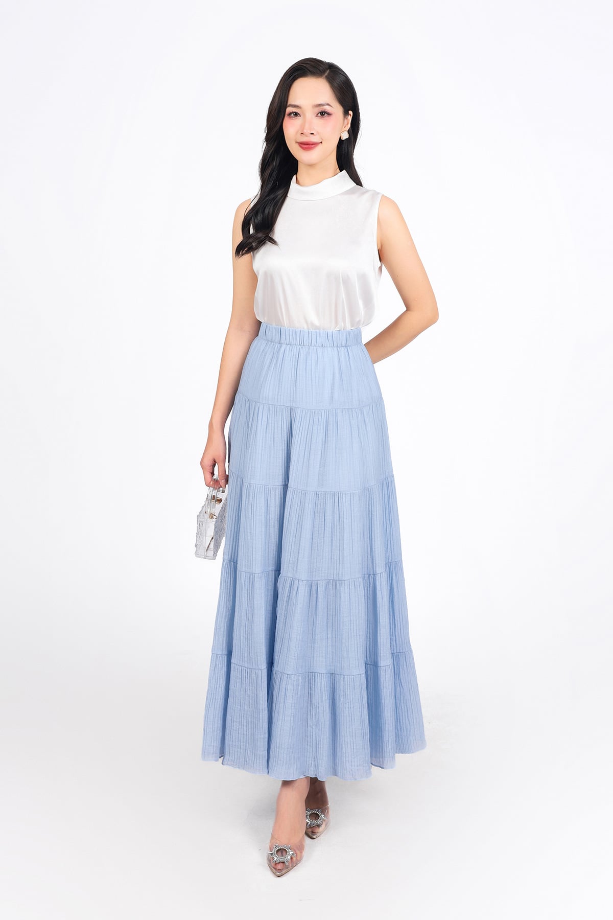 FJD51318 - Chân váy dài vải voan nhăn dáng suông cạp chun thân váy xếp tầng tạo kiểu - PANTIO