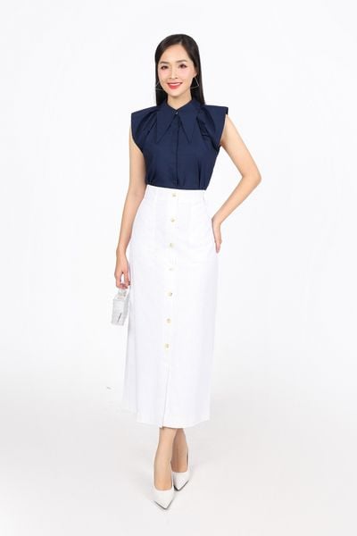 FJD31298 - Chân váy công sở vải linen dáng suông thân phối khuy tạo kiểu khoá thân sau - PANTIO