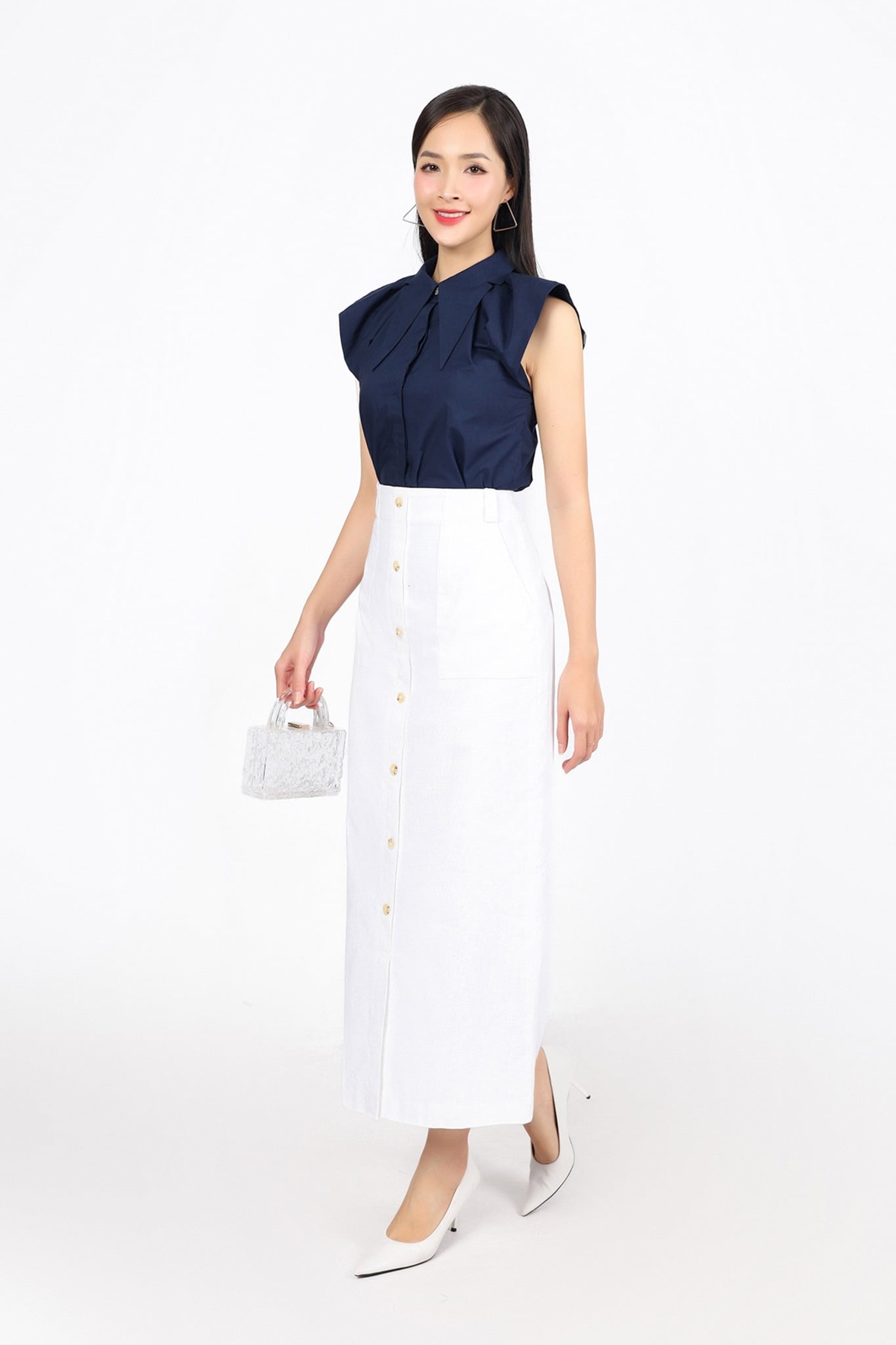 FJD31298 - Chân váy công sở vải linen dáng suông thân phối khuy tạo kiểu khoá thân sau - PANTIO