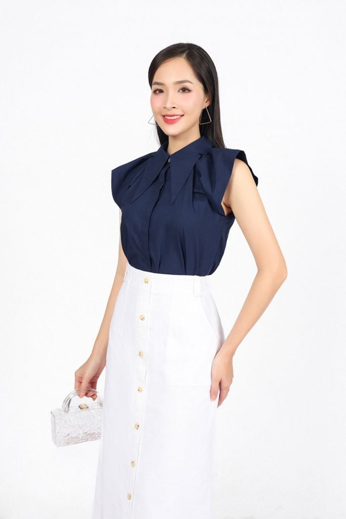 FAS13898 - Áo sơ mi công sở vải thô kate dáng suông cổ đức bản to tay cánh tiên cài khuy thân trước - PANTIO