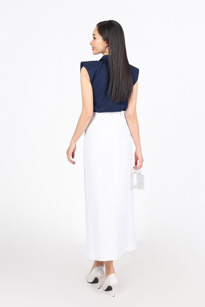FJD31298 - Chân váy công sở vải linen dáng suông thân phối khuy tạo kiểu khoá thân sau - PANTIO