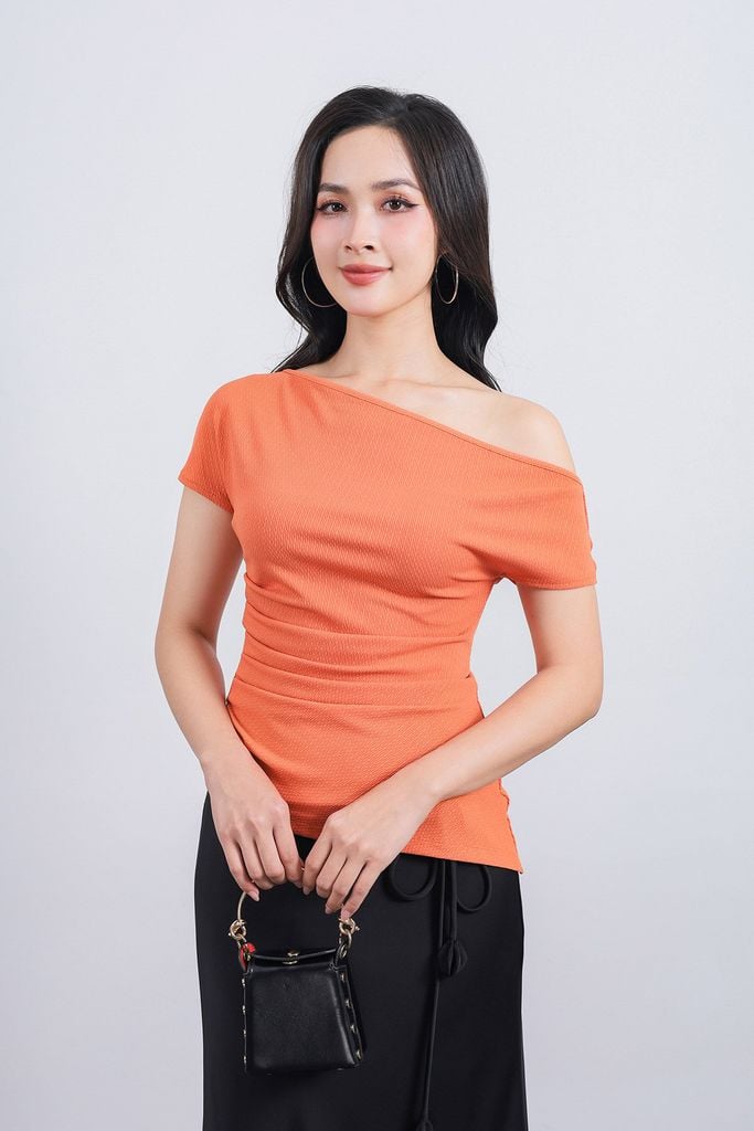 FAS13903 - Áo kiểu công sở vải len co giãn dáng ôm lệch vai eo nhún tạo kiểu - PANTIO