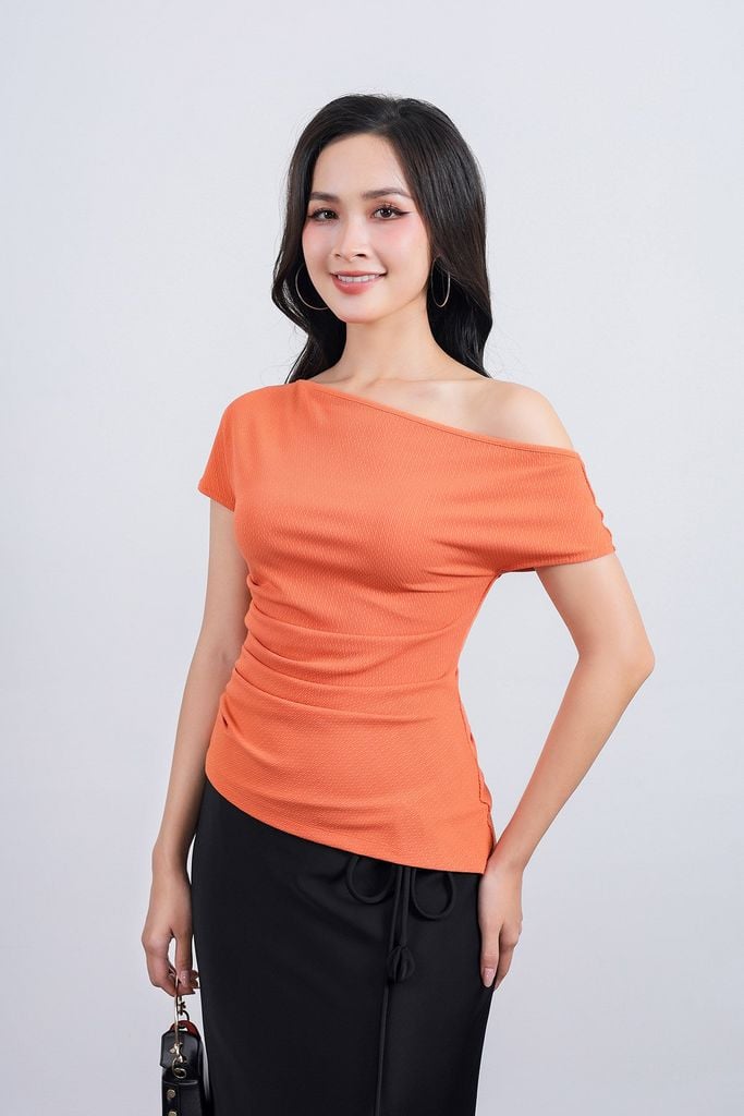 FAS13903 - Áo kiểu công sở vải len co giãn dáng ôm lệch vai eo nhún tạo kiểu - PANTIO