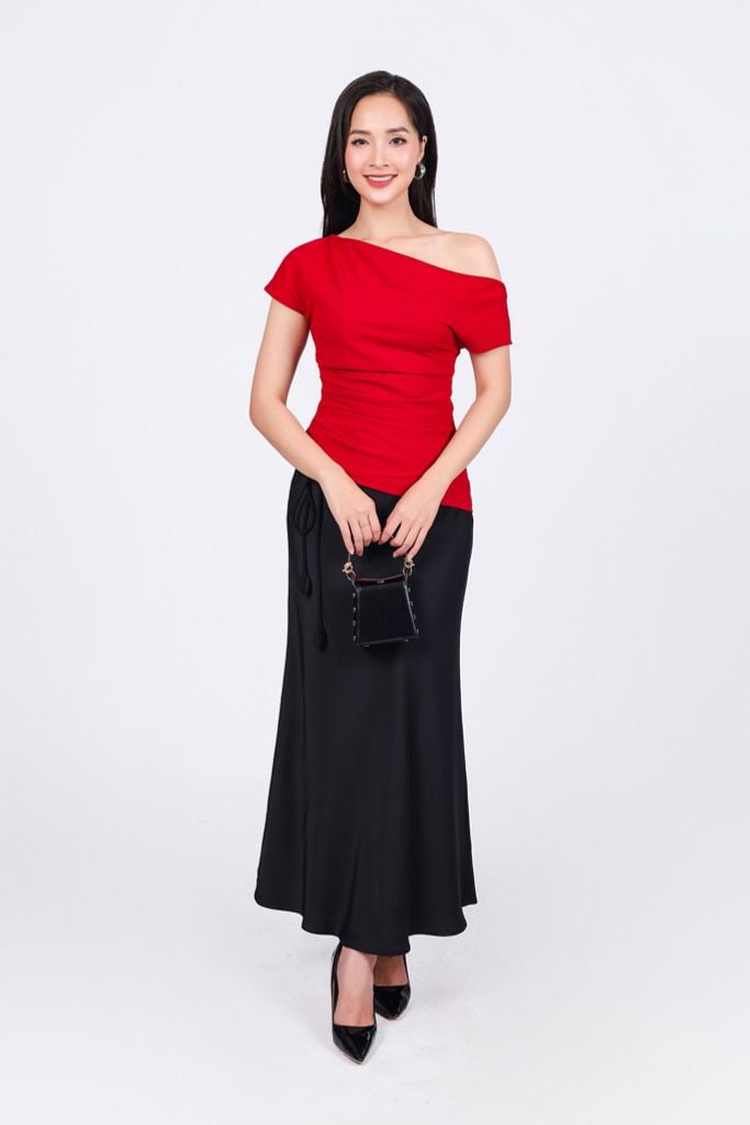 FJD91257 - Chân váy dài công sở vải lụa dày dáng suông eo phối cạp bản to đính dây nơ tạo kiểu - PANTIO