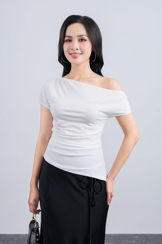 FAS13903 - Áo kiểu công sở vải len co giãn dáng ôm lệch vai eo nhún tạo kiểu - PANTIO
