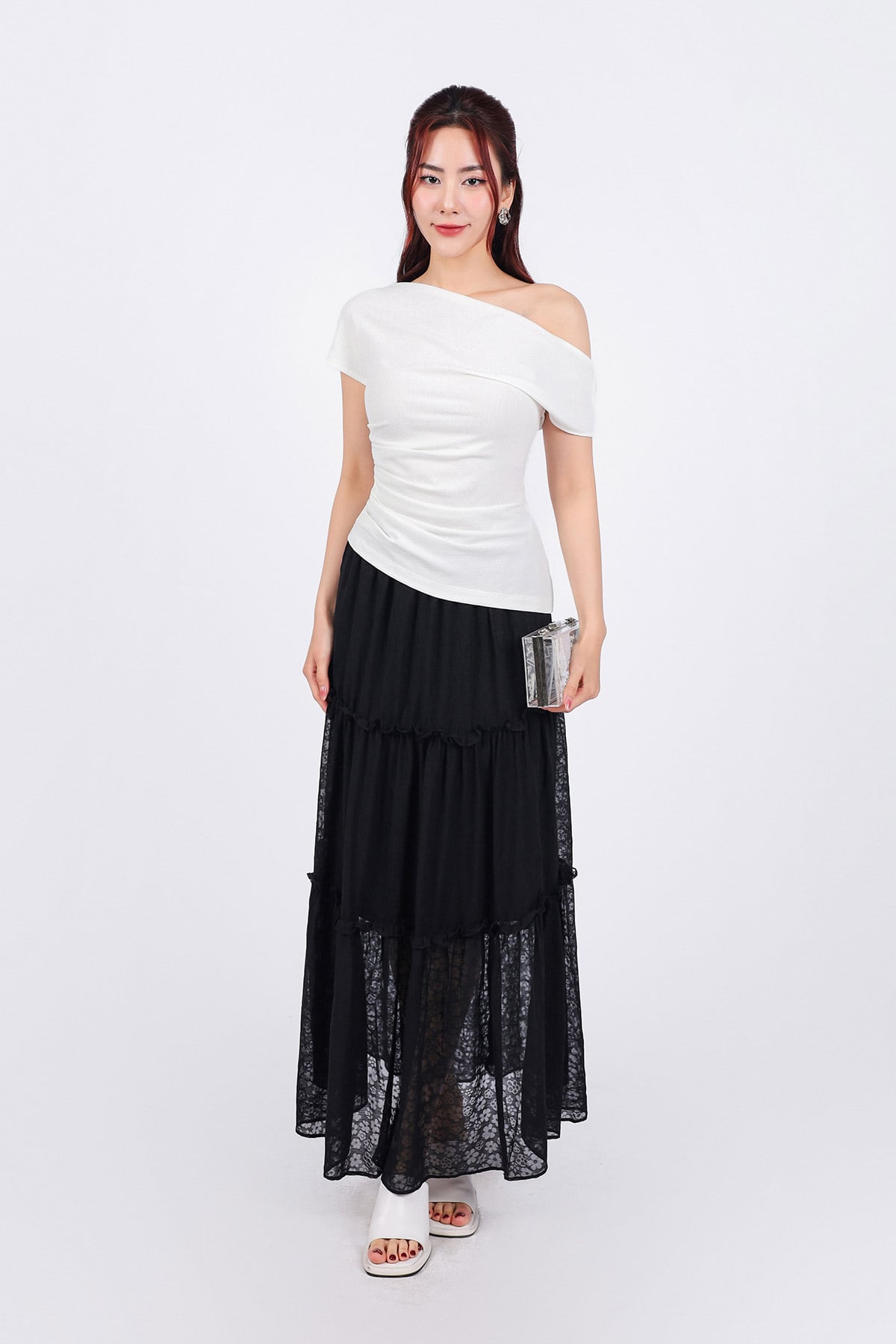 FJD51212 - Chân váy dài vải Chiffon hoa dáng suông thân váy xếp tầng tạo kiểu cạp phối chun co giãn - PANTIO