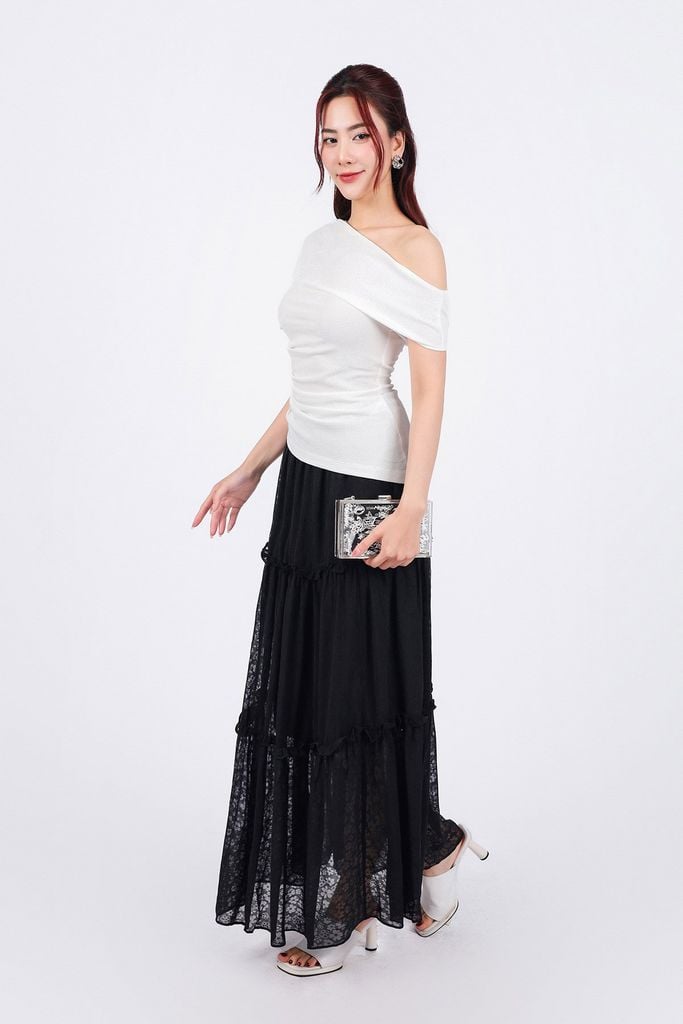 FJD51212 - Chân váy dài vải Chiffon hoa dáng suông thân váy xếp tầng tạo kiểu cạp phối chun co giãn - PANTIO