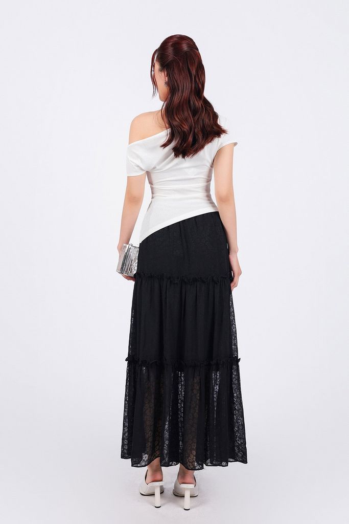 FJD51212 - Chân váy dài vải Chiffon hoa dáng suông thân váy xếp tầng tạo kiểu cạp phối chun co giãn - PANTIO