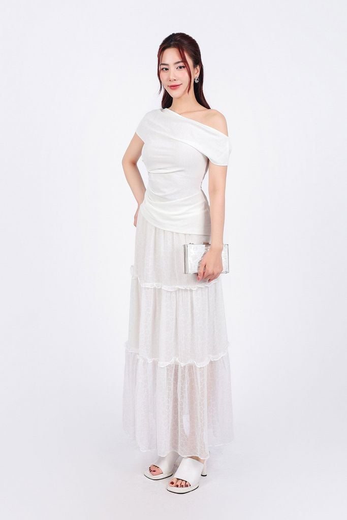 FJD51212 - Chân váy dài vải Chiffon hoa dáng suông thân váy xếp tầng tạo kiểu cạp phối chun co giãn - PANTIO