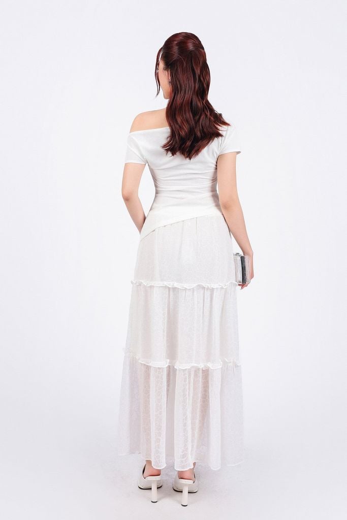 FJD51212 - Chân váy dài vải Chiffon hoa dáng suông thân váy xếp tầng tạo kiểu cạp phối chun co giãn - PANTIO