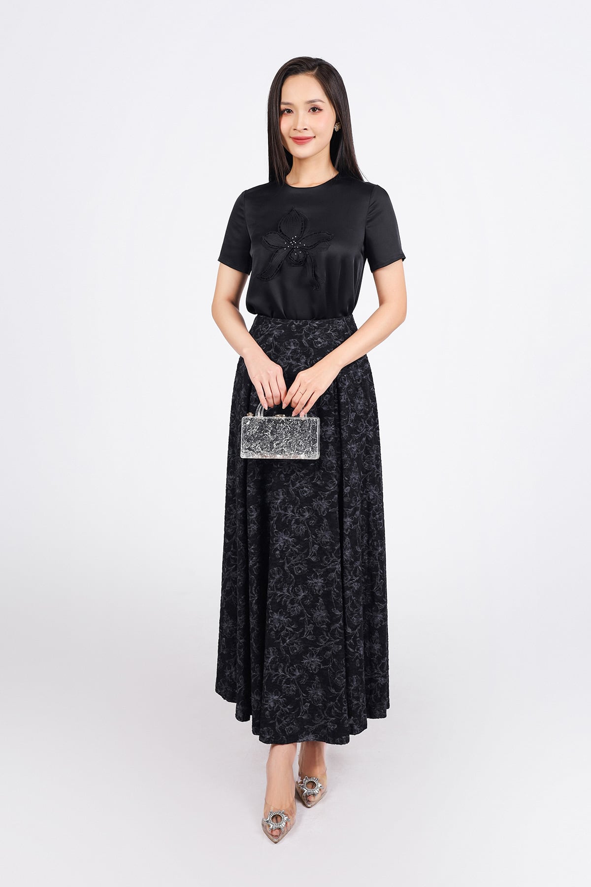 FJD11253 - Chân váy dài công sở vải cotton hoa dáng suông thân váy phối ly bung tạo xoè khóa thân sau - PANTIO