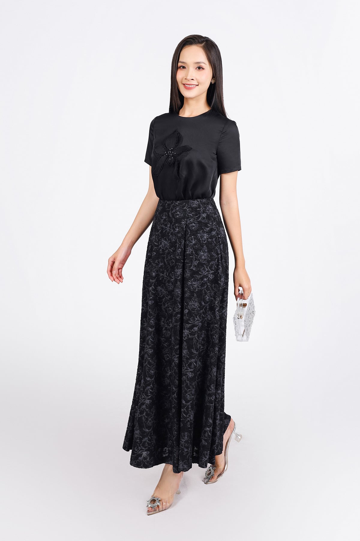 FJD11253 - Chân váy dài công sở vải cotton hoa dáng suông thân váy phối ly bung tạo xoè khóa thân sau - PANTIO