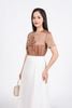 FAS13928 - Áo sơ mi công sở vải tơ cổ tròn tay cộc ngực áo đính hoa 3D thời trang lưng phối khuy - PANTIO