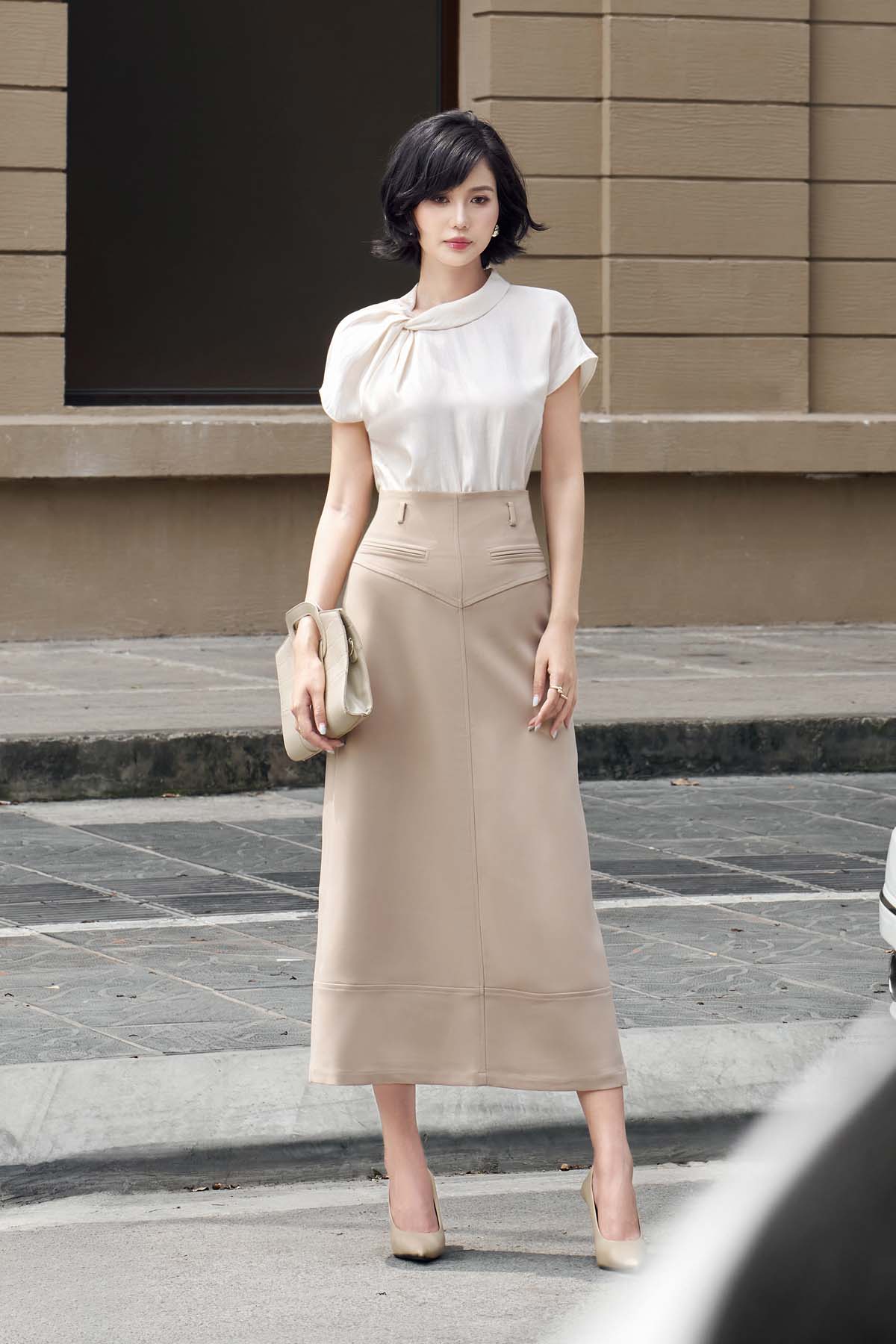 FJD51323 - Chân váy dài công sở vải thô dày dáng A eo phối cạp tạo kiểu khoá thân sau - PANTIO