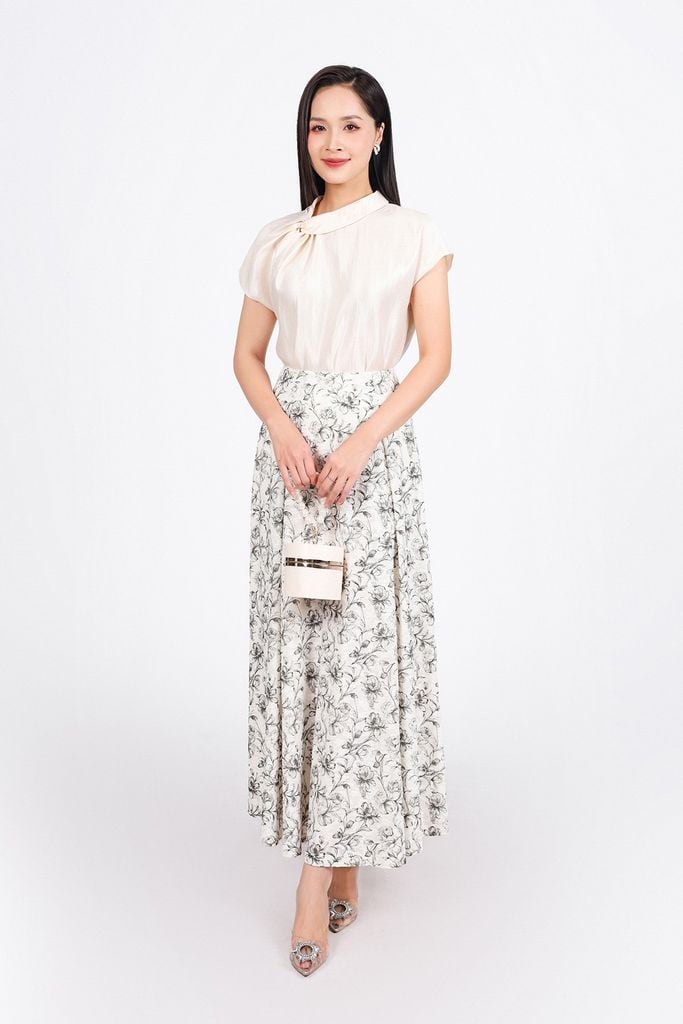 FJD11253 - Chân váy dài công sở vải cotton hoa dáng suông thân váy phối ly bung tạo xoè khóa thân sau - PANTIO