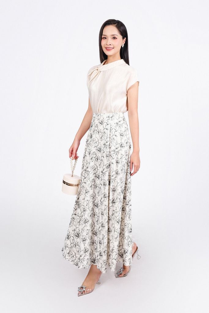 FJD11253 - Chân váy dài công sở vải cotton hoa dáng suông thân váy phối ly bung tạo xoè khóa thân sau - PANTIO