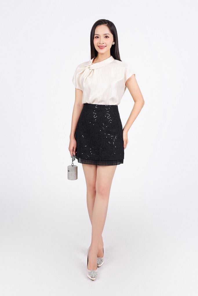 FJN5430 - Chân váy ngắn vải dạ Tewd đính sequin dáng chữ A gấu váy phối ren thời trang - PANTIO