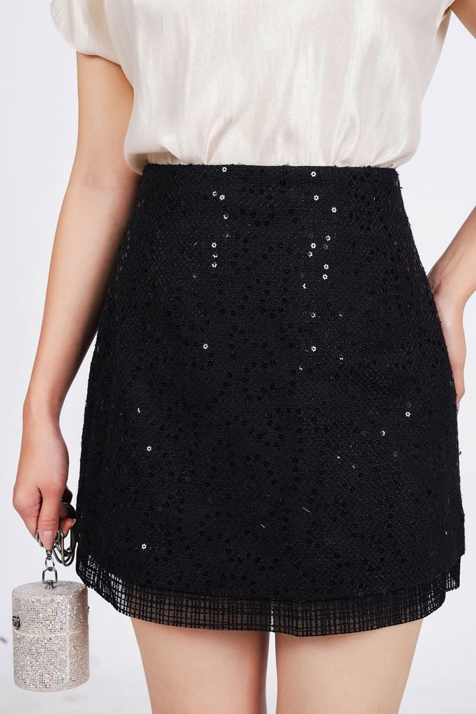 FJN5430 - Chân váy ngắn vải dạ Tewd đính sequin dáng chữ A gấu váy phối ren thời trang - PANTIO
