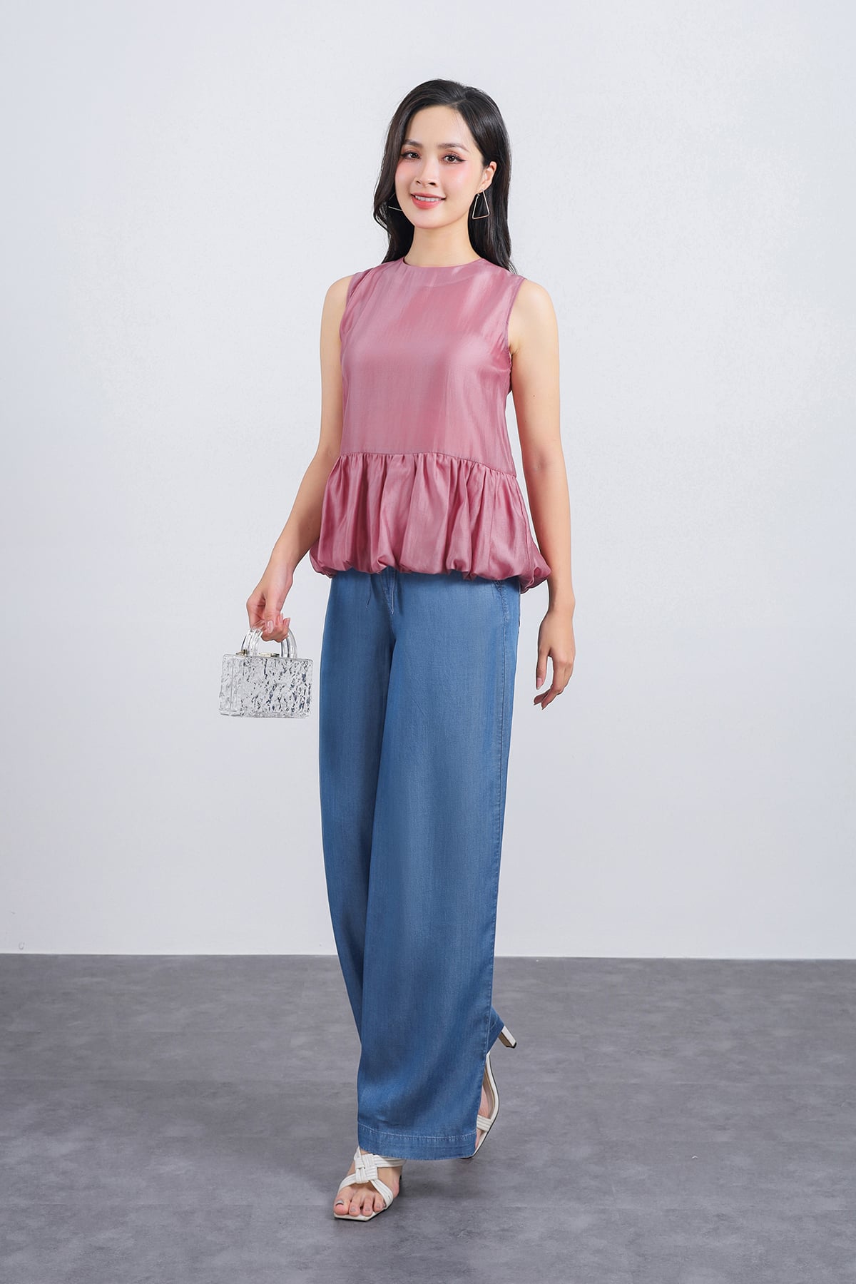 FQB211 - Quần jean mỏng cao cấp dáng suông ống đứng cạp chun phối dây nơ tạo kiểu - PANTIO