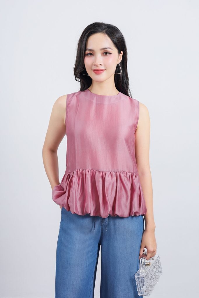 FAS13942 - Áo sơ mi công sở vải tơ dáng suông cổ tròn không tay gấu áo xếp nhún tạo kiểu - PANTIO
