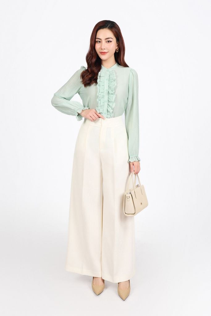 BQD13391 - Quần dài công sở vải thô dày dáng suông ống rộng phối ly tạo kiểu khóa thân trước - PANTIO