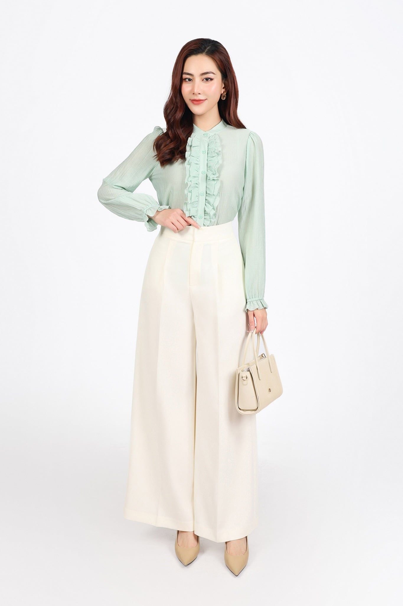 BQD13391 - Quần dài công sở vải thô dày dáng suông ống rộng phối ly tạo kiểu khóa thân trước - PANTIO