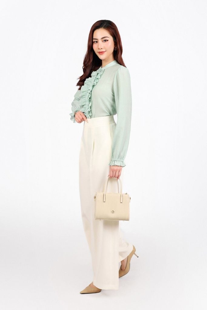 BQD13391 - Quần dài công sở vải thô dày dáng suông ống rộng phối ly tạo kiểu khóa thân trước - PANTIO