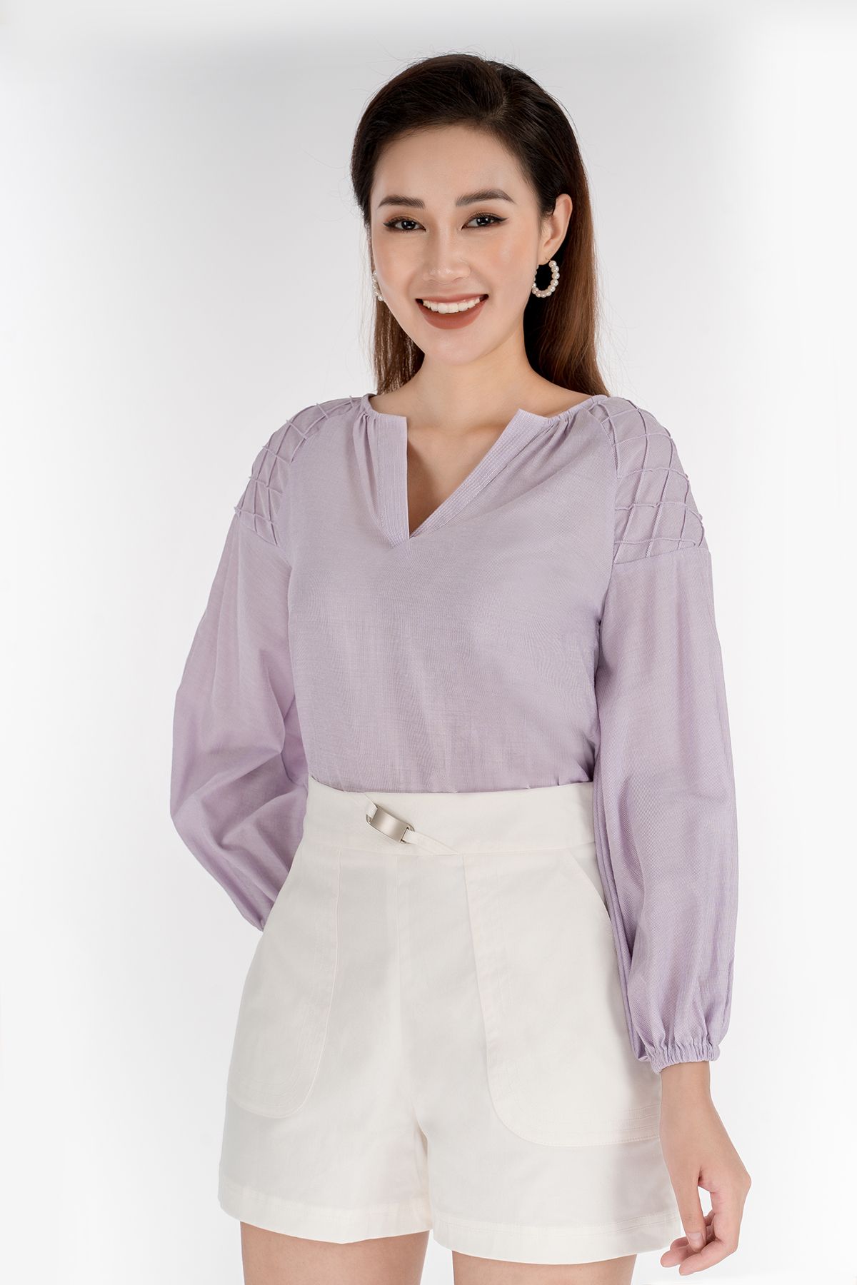 FAS32874 - Áo sơ mi chất liệu thô mỏng dáng suông tay dài  - PANTIO