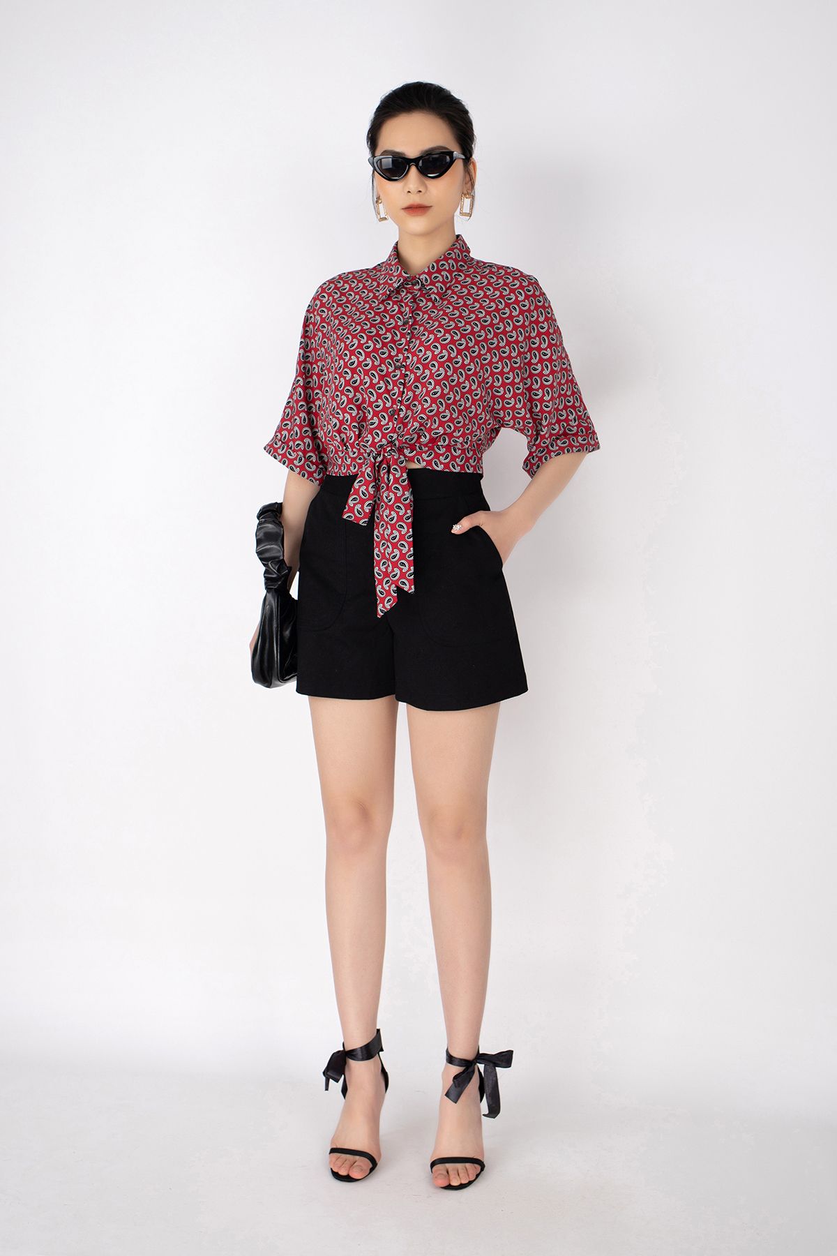 FAS33213 - Áo sơ mi dạo phố chất liệu lụa dáng croptop nẹp gấu buộc nơ - PANTIO