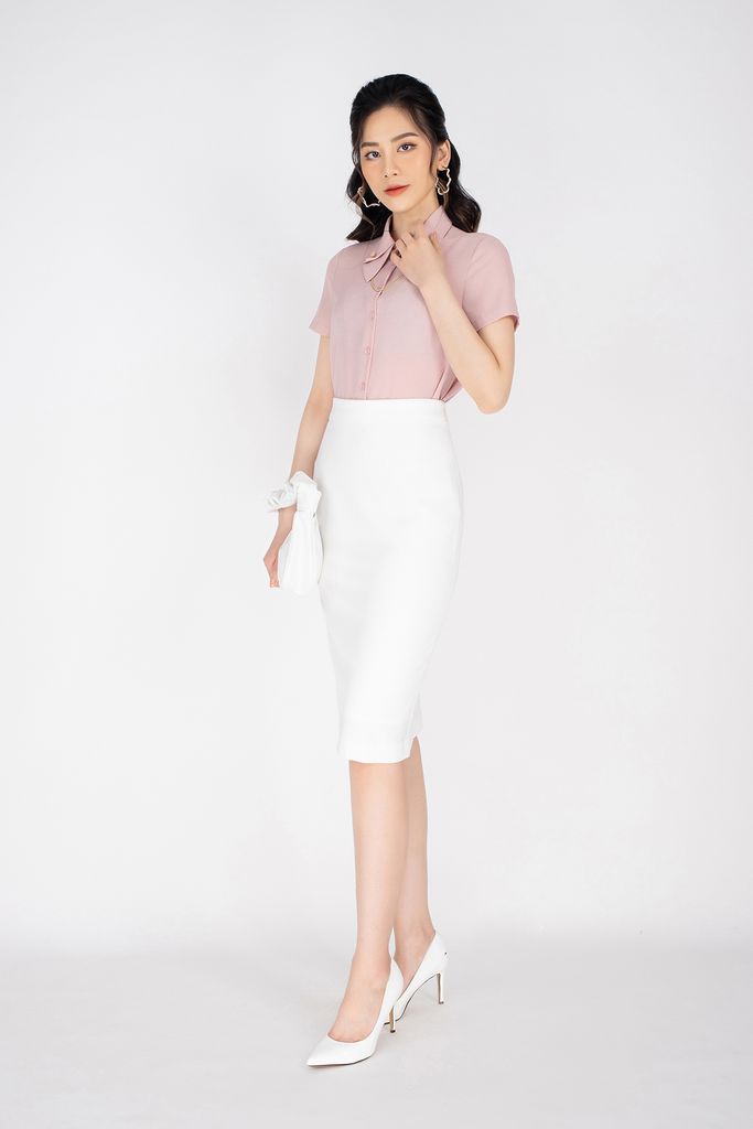 FAS33218 - Áo sơ mi công sở vải chiffon dáng suông cổ đức cách điệu cài dây trang trí - PANTIO