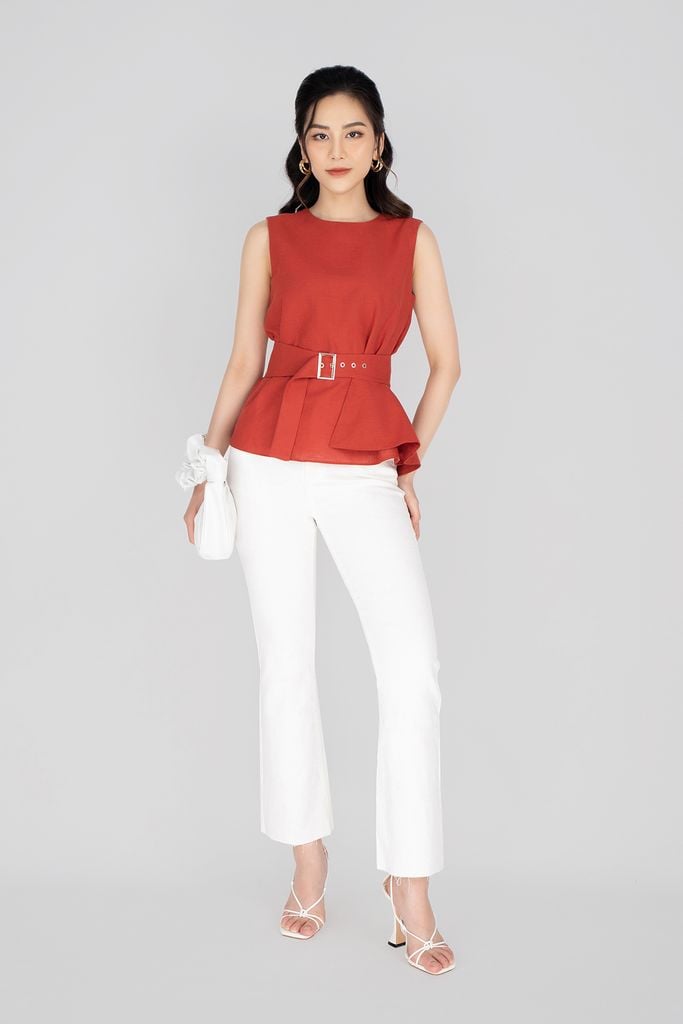 FAS33227 - Áo sơ mi công sở vải linen dáng suông kèm đai tạo kiểu peplum bên hông - PANTIO