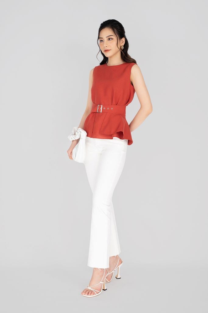 FAS33227 - Áo sơ mi công sở vải linen dáng suông kèm đai tạo kiểu peplum bên hông - PANTIO