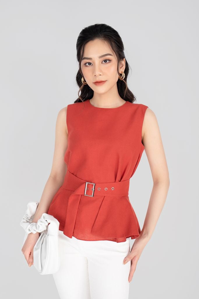 FAS33227 - Áo sơ mi công sở vải linen dáng suông kèm đai tạo kiểu peplum bên hông - PANTIO