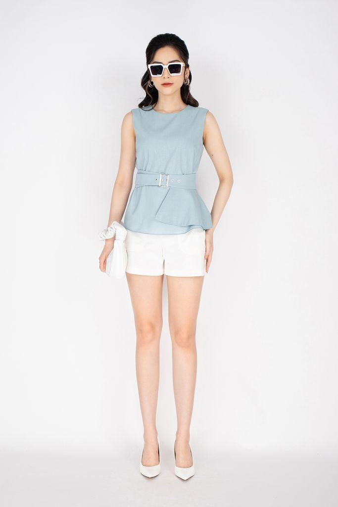 FAS33227 - Áo sơ mi công sở vải linen dáng suông kèm đai tạo kiểu peplum bên hông - PANTIO