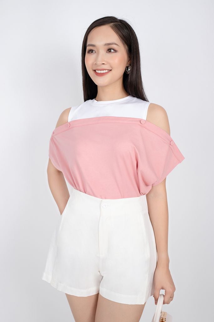 FAS33237 - Áo phông dạo phố vải cotton dáng suông phối hai màu vai cut-out tay cánh rơi cài khuy bấm - PANTIO