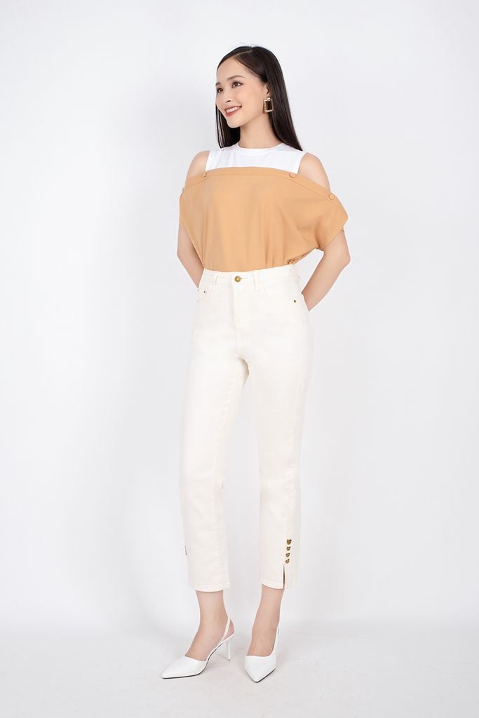 FAS33237 - Áo phông dạo phố vải cotton dáng suông phối hai màu vai cut-out tay cánh rơi cài khuy bấm - PANTIO