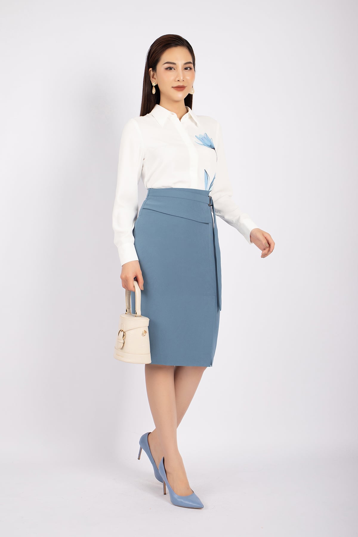 FJD3983 - Chân váy midi công sở vải thô dáng bút chì cạp phối mặt kim loại tạo kiểu - PANTIO