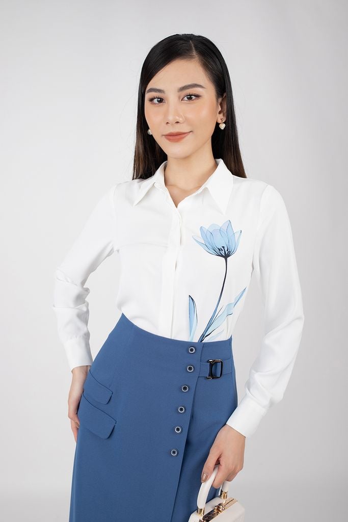 FAS33254 - Áo sơ mi công sở vải lụa dáng suông cổ đức tay dài thân in họa tiết hoa - PANTIO