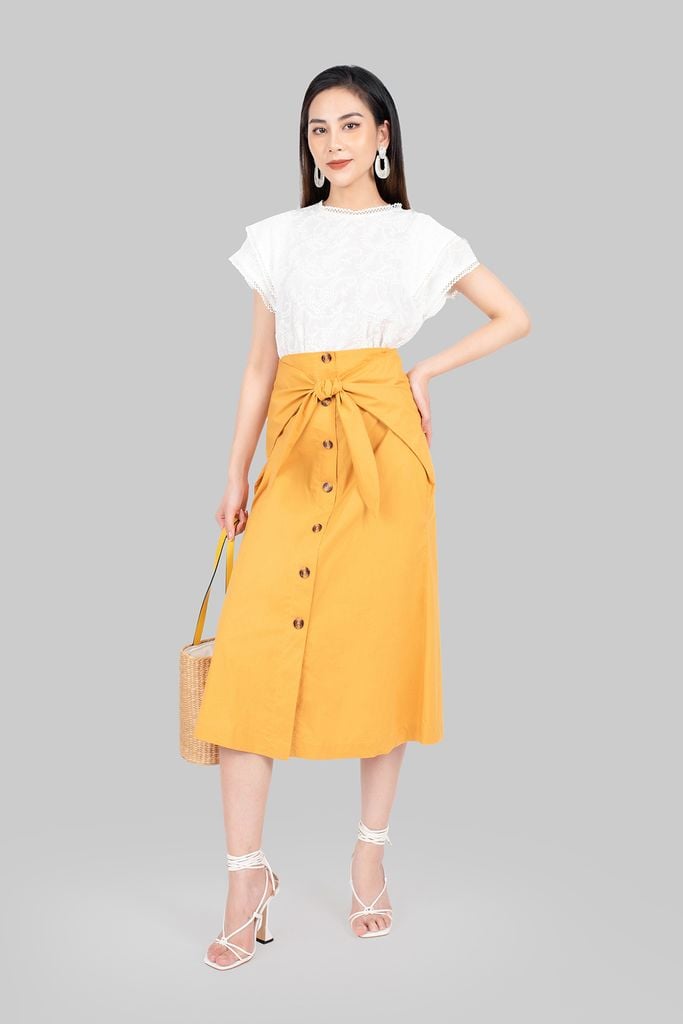 FAS33259 - Áo sơ mi công sở vải thô dáng suông thêu chỉ họa tiết tay chờm hai tầng