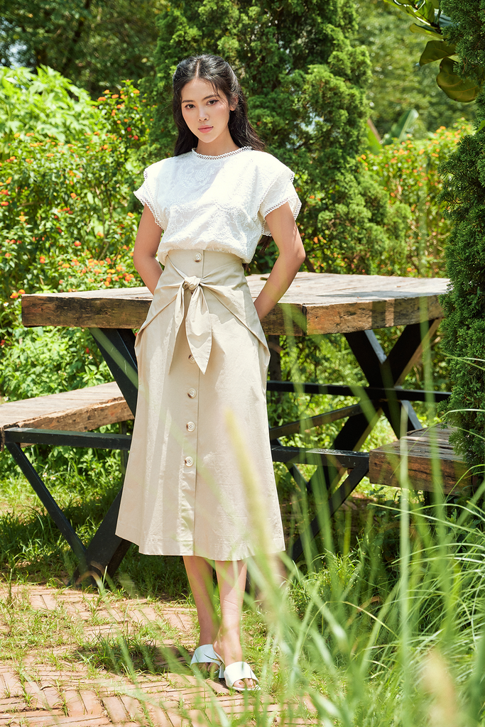 FAS33259 - Áo sơ mi công sở vải thô dáng suông thêu chỉ họa tiết tay chờm hai tầng