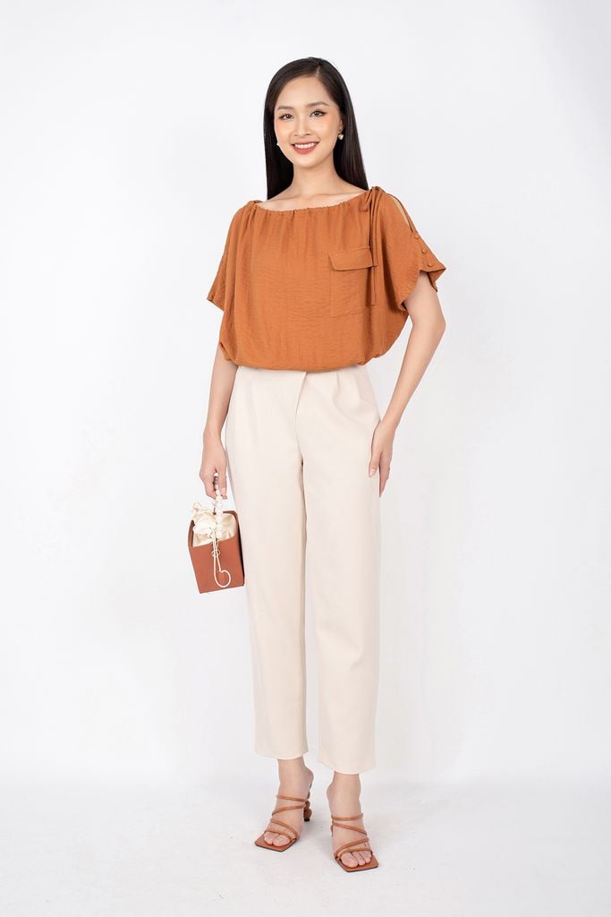 FAS33263 - Áo kiểu dạo phố vải thô đũi dáng croptop cạp chun cổ thuyền rút nhún ốp túi ngực - PANTIO